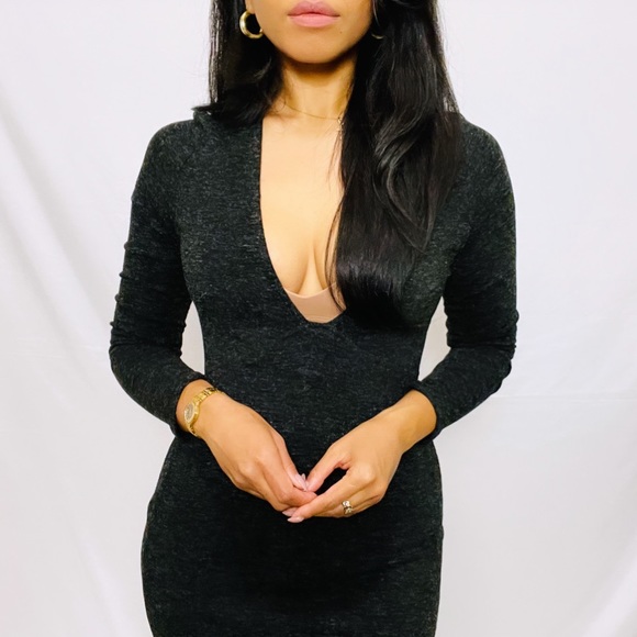 Tobi | Grey Long Sleeve V-Neck Fitted Knit Mini Dress S - Picture 8 of 10